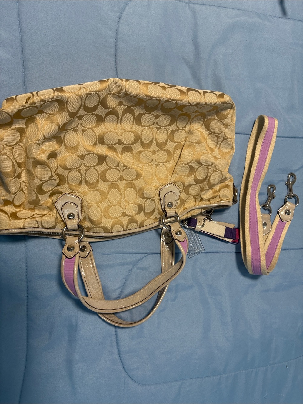 Coach Beige Signature Floral Pop Satchel with Pink & Purple Trim - Picture 2 of 6